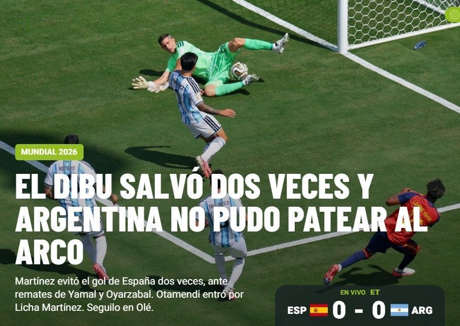 Manchete do Jornal Olé após o primeiro tempo de Espanha x Argentina • Reprodução/Olé