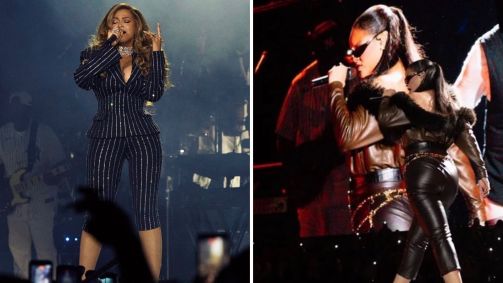 Beyoncé e Rihanna usando calça capri no show de Jay-Z