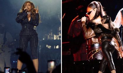 Beyoncé e Rihanna usando calça capri no show de Jay-Z