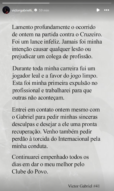 Victor Gabriel lamentou lesão de Pec nas redes sociais • Foto: Reprodução/ Instagram