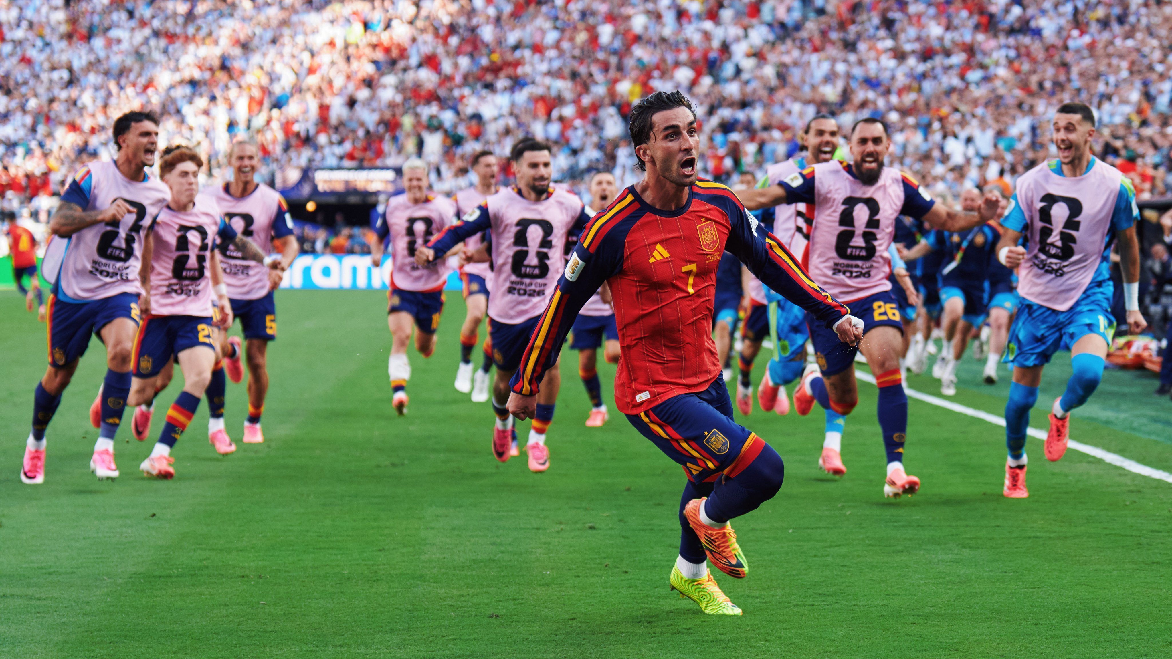 Ferran Torres, da Espanha, comemorando o gol marcado sobre a Argentina, pela final da Copa do Mundo • Reprodução/X/@SEFutbol