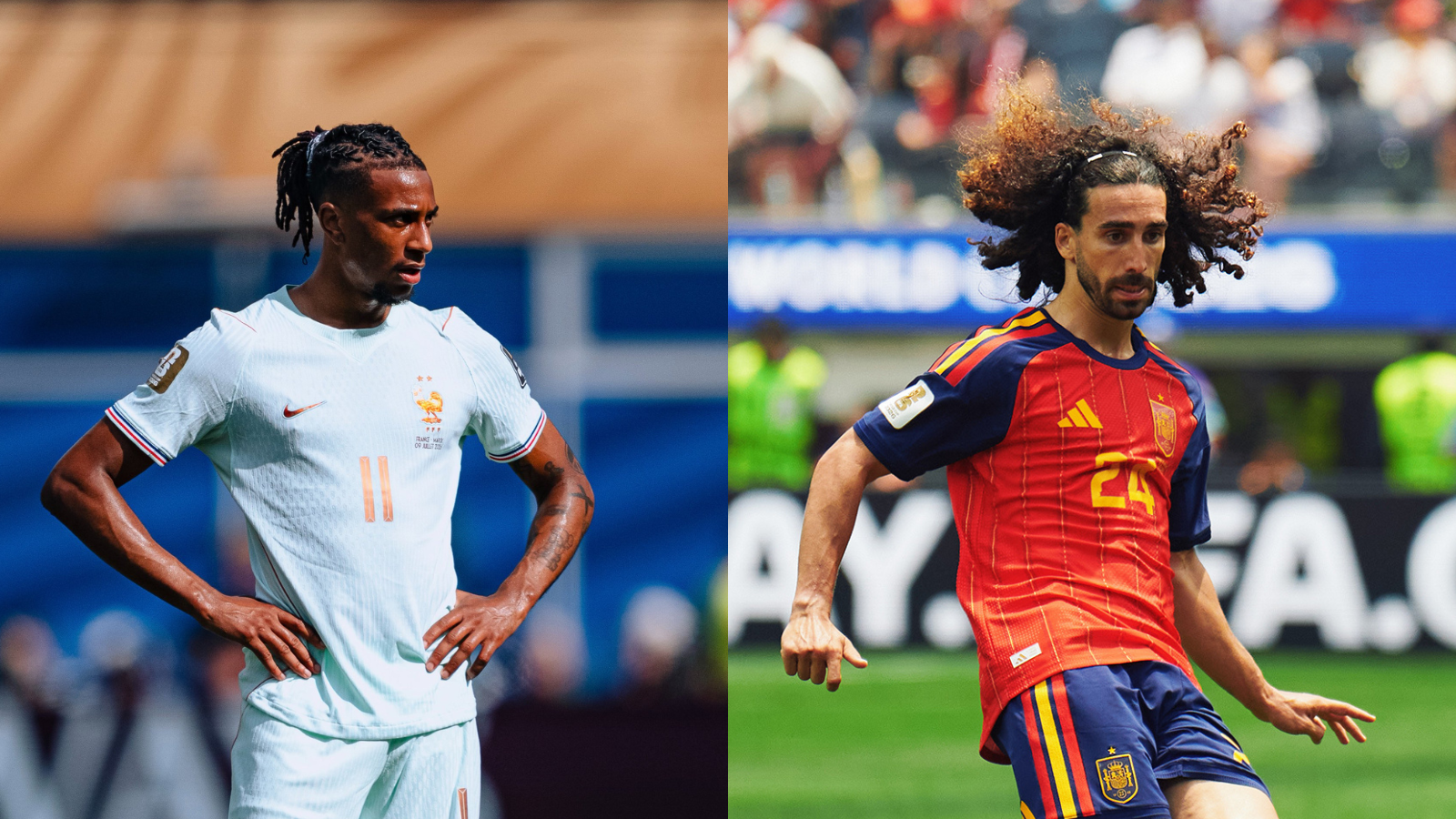 Michael Olise, da França, e Marc Cucurella, da Espanha, em campo pela Copa do Mundo