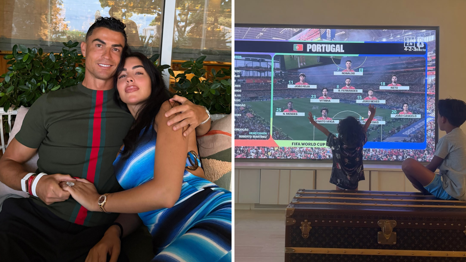Georgina Rodriguez compartilhou filhos torcendo por Cristiano Ronaldo no início do jogo de Portugal
