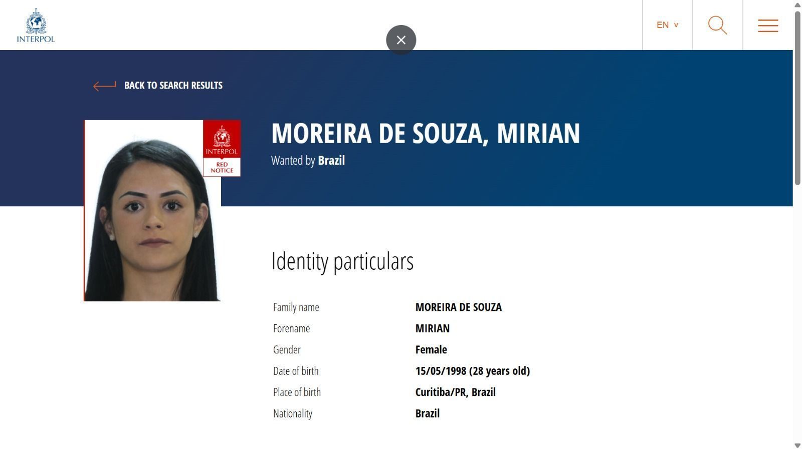 As recentes inclusões de mulheres incluem Mirian Moreira de Souza, de 28 anos, Curitiba (PR) • Reprodução/Interpol