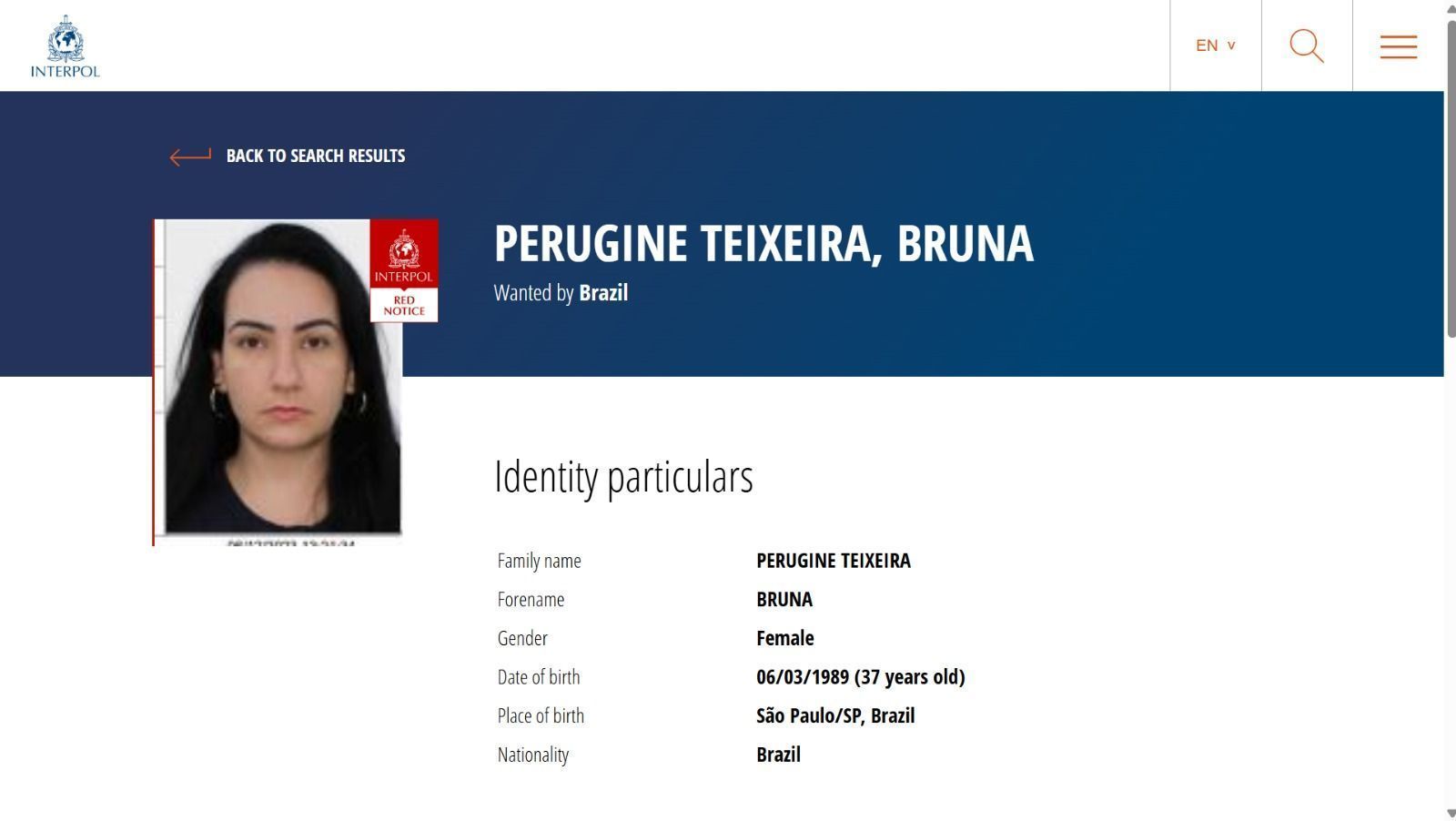 Bruna Teixeira Perugine, de 37 anos, de São Paulo (SP) está na lista vermelha da Interpol • Reprodução/Interpol