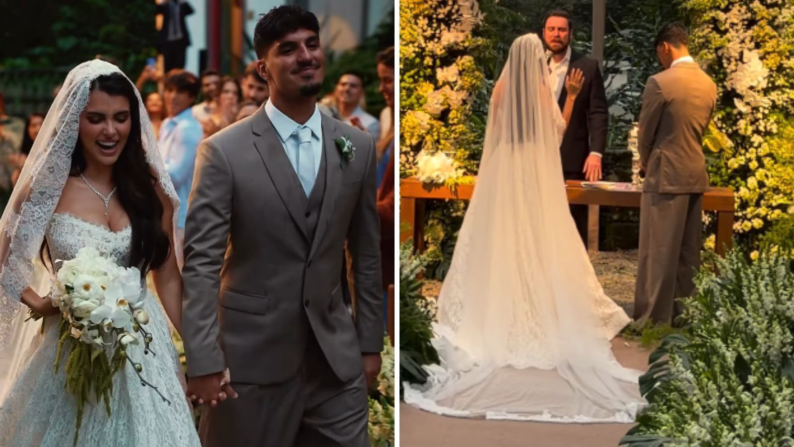 Isabella Arantes usa vestido rendado em casamento com Gabriel Medina