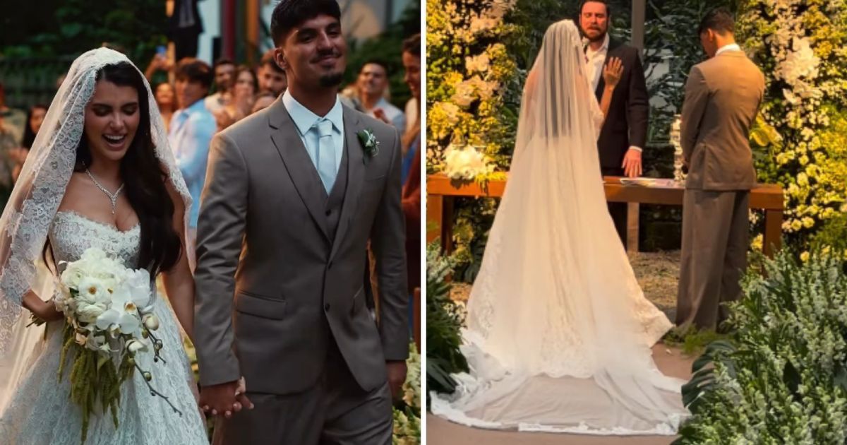 Corpete e decote reto: os detalhes do vestido de noiva de Isabella Arantes
