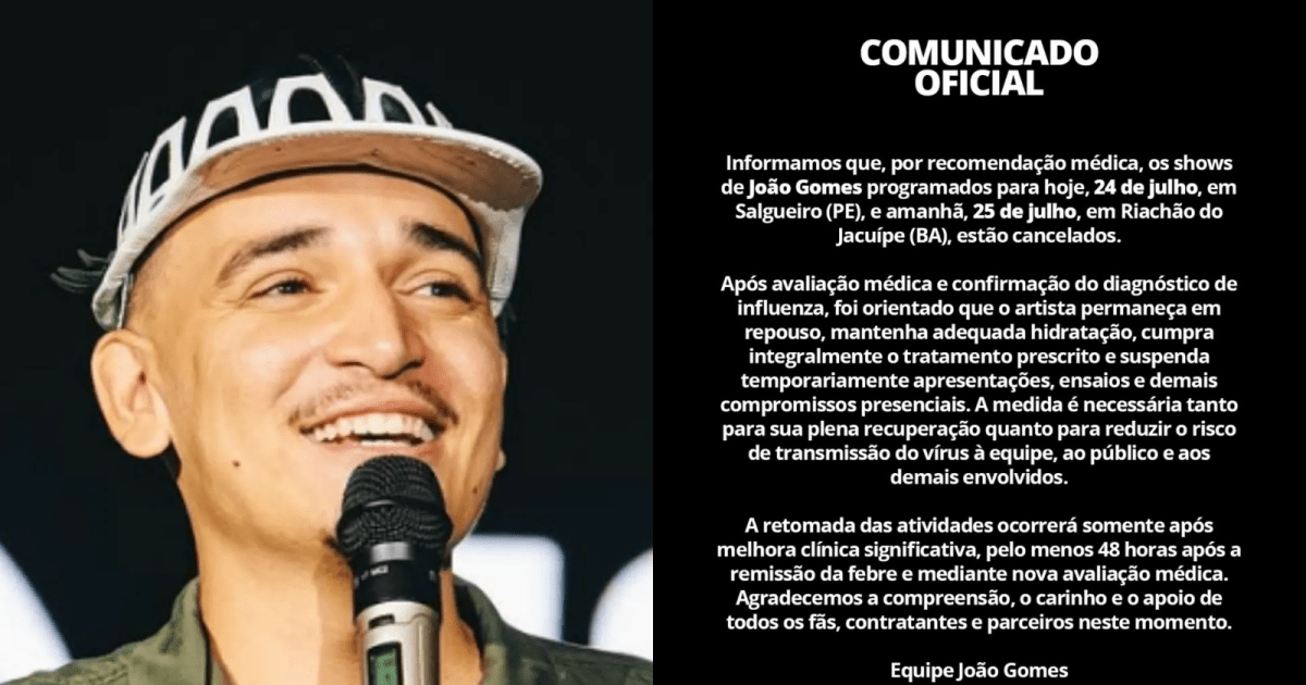 Cantor João Gomes é hospitalizado e cancela shows; entenda