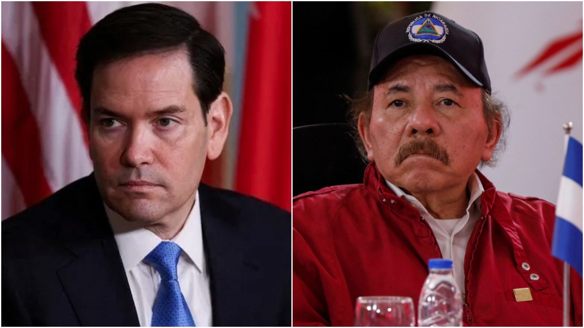Marco Rubio (esq.), secretário de Estado dos Estados Unidos, e Daniel Ortega (dir.), presidente da Nicarágua