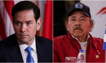Marco Rubio (esq.), secretário de Estado dos Estados Unidos, e Daniel Ortega (dir.), presidente da Nicarágua