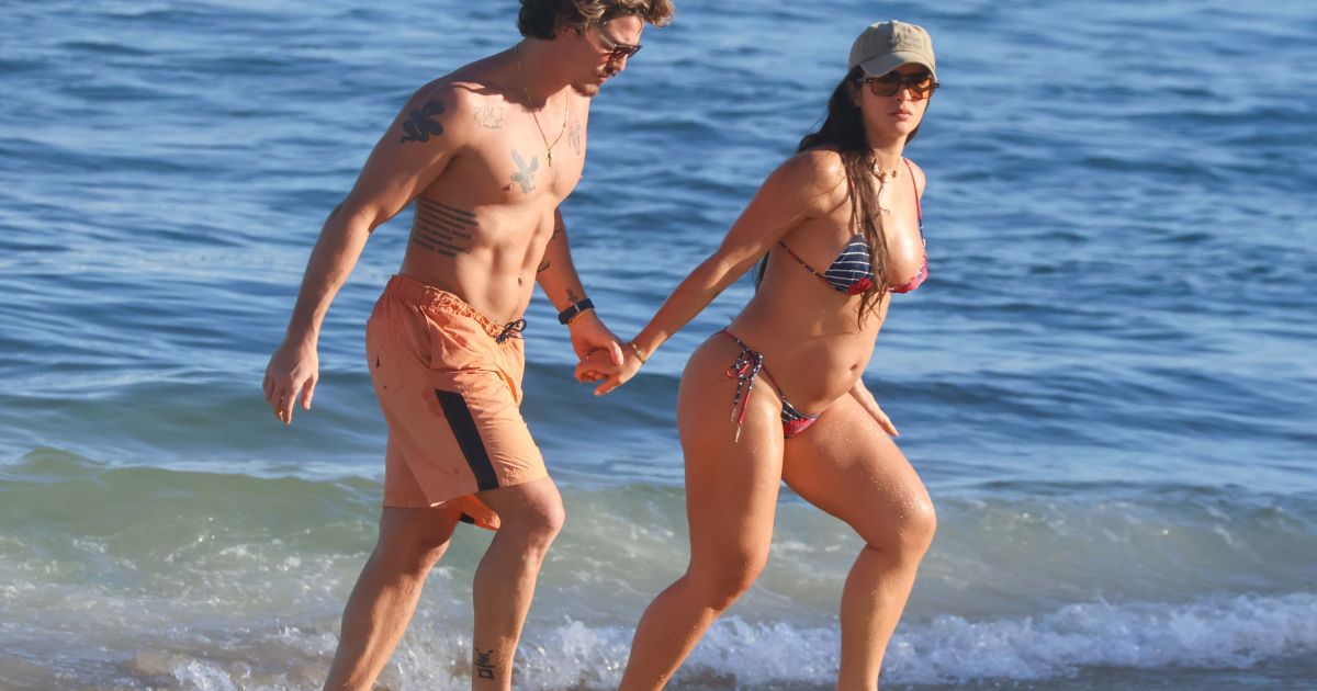 Grávida, Mari Saad aproveita praia com Rômulo Arantes Neto no RJ