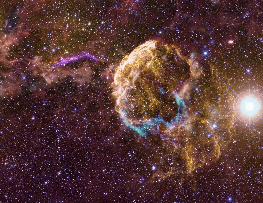 Esta imagem em múltiplas faixas de comprimento de onda mostra o remanescente de supernova da Nebulosa da Água-viva (à direita), a nuvem interestelar com a qual interage e um filamento curvo característico à sua esquerda e acima. O filamento, mostrado aqui tanto em luz visível quanto ultravioleta (UV), é a parte visível de um remanescente de supernova sobreposto, G189.6+3.3, mais proeminente em ondas de rádio e raios X • Nasa