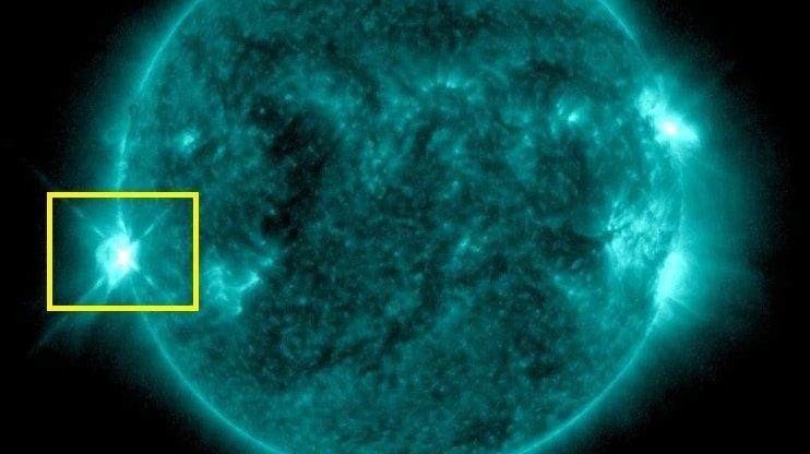Erupção de classe X1.3 (em destaque acima) ocorreu numa região de Manchas Solares denominada 4482