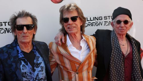 Mick Jagger, Keith Richards e Ronnie Wood posam para fotos durante lançamento do novo álbum dos Rolling Stones em Nova York 5 de maio de 2026