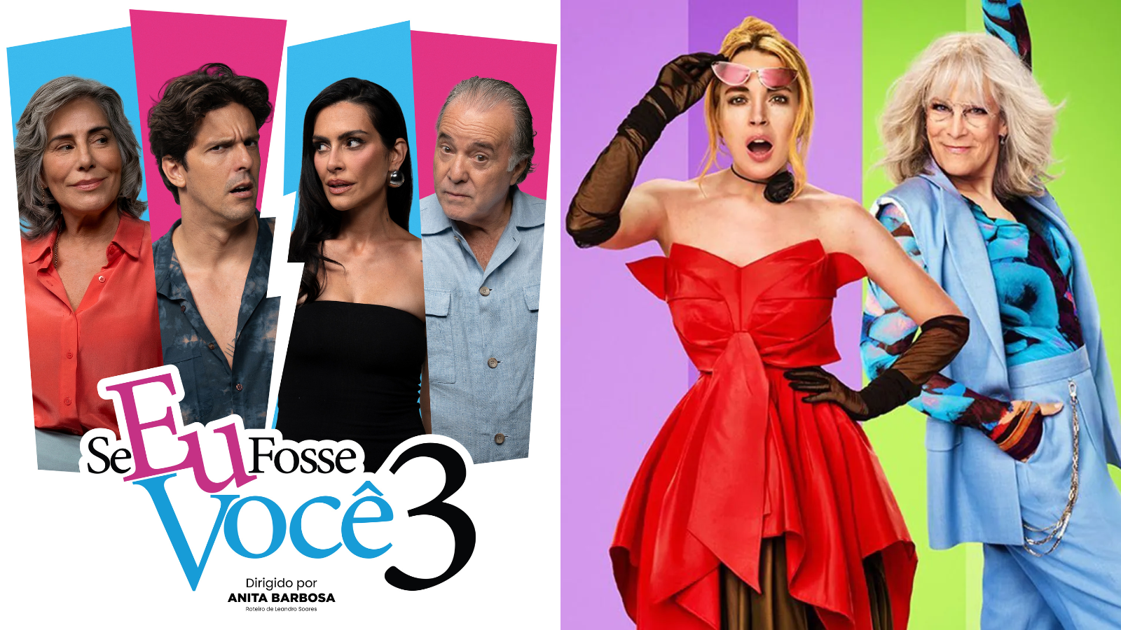 Pôster oficial de "Se Eu Fosse Você 3" e Lindsay Lohan e Jamie Lee Curtis em "Uma Sexta-Feira Mais Louca Ainda" • Divulgação/Reprodução/Disney Studios