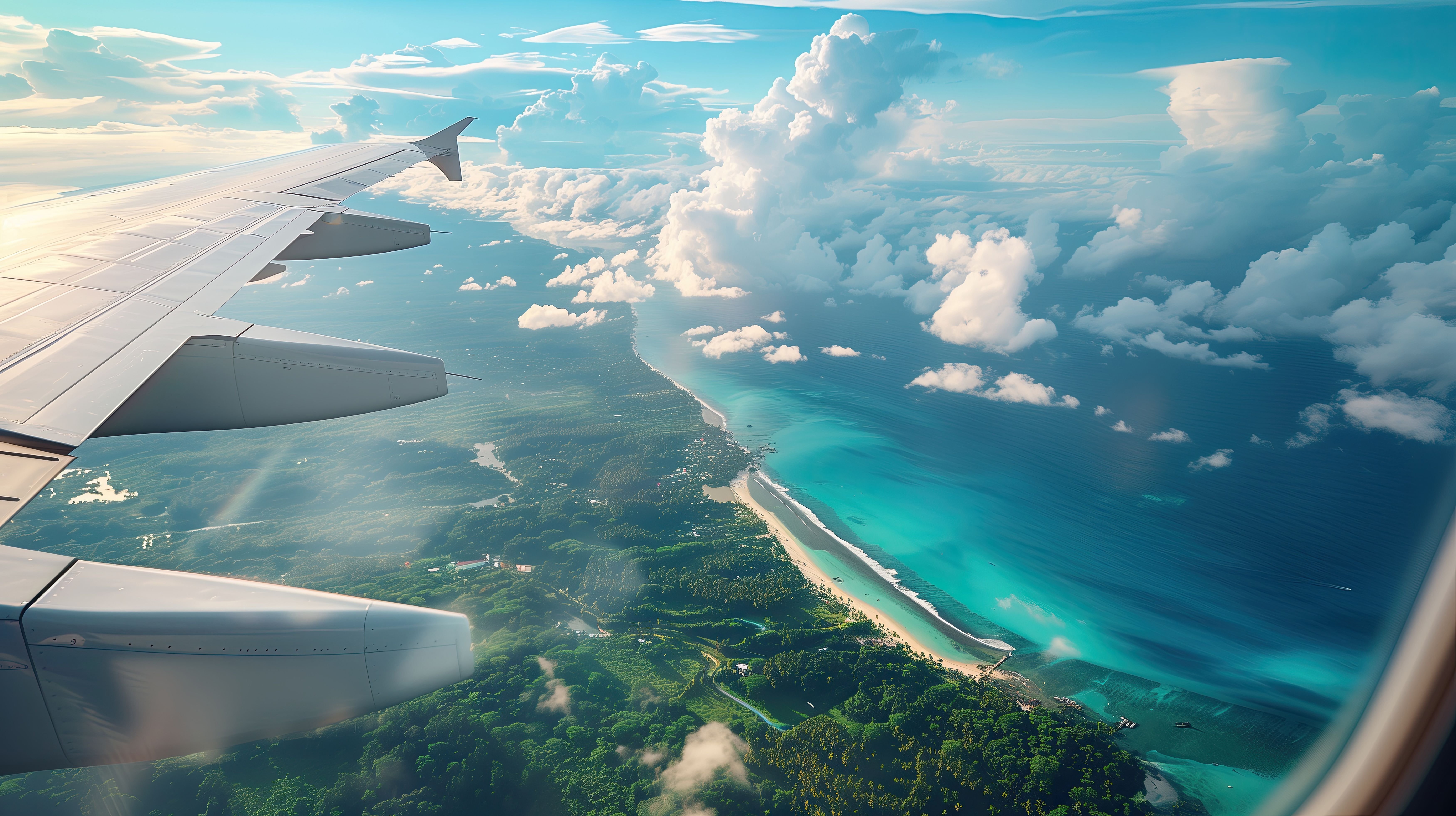 Imagem aérea de paisagem com nuvens, céu azul, mar e área verde.