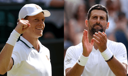 Jannik Sinner (à esquerda) e Novak Djokovic (à direita), semifinalistas da chave de simples de Wimbledon