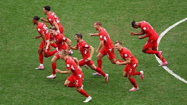Jogadores da Suíça celebrando a classificação às quartas da Copa do Mundo
