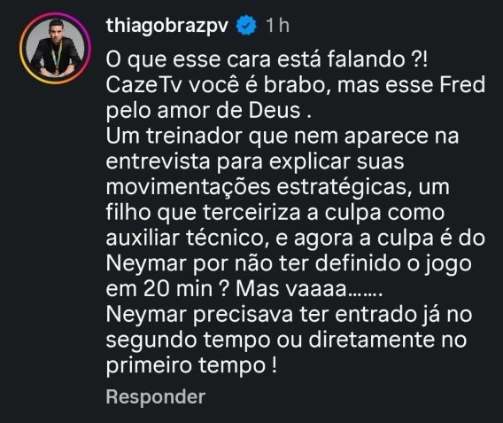 Fred Caldeira sofre resposta de Thiago Braz após vídeo sobre Neymar •