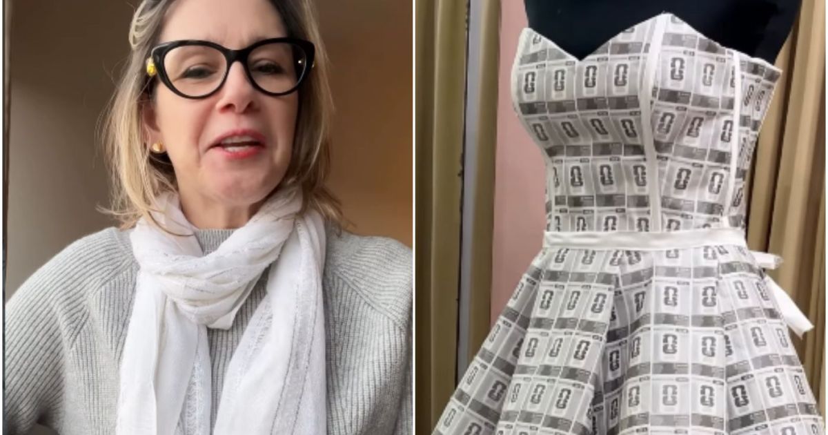 Estilista brasileira cria vestido com quase 3 mil figurinhas da Copa