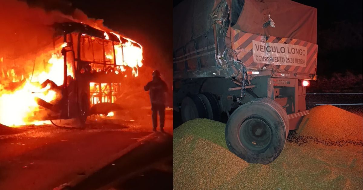 Ônibus pega fogo ao colidir com caminhão no PR; 13 vítimas são resgatadas