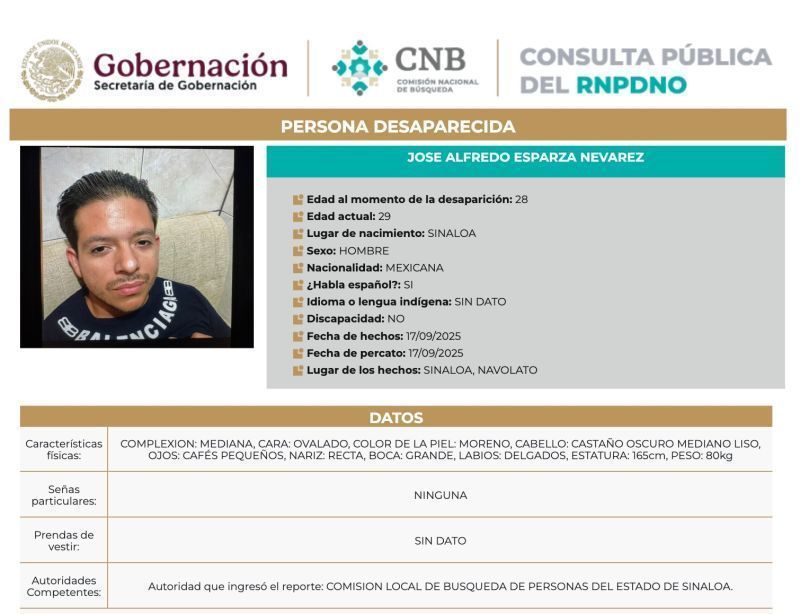 Elvira Nevarez alega que seu filho José Alfredo Esparza foi recrutado à força por uma facção do Cartel de Sinaloa, no México. • Comissão Nacional de Busca / México