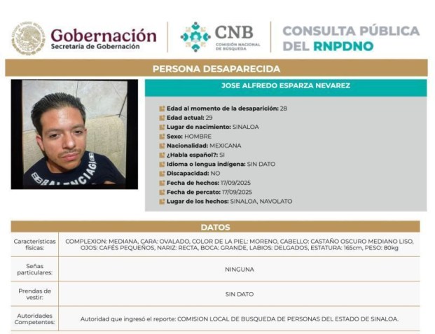 Elvira Nevarez alega que seu filho José Alfredo Esparza foi recrutado à força por uma facção do Cartel de Sinaloa, no México. • Comissão Nacional de Busca / México