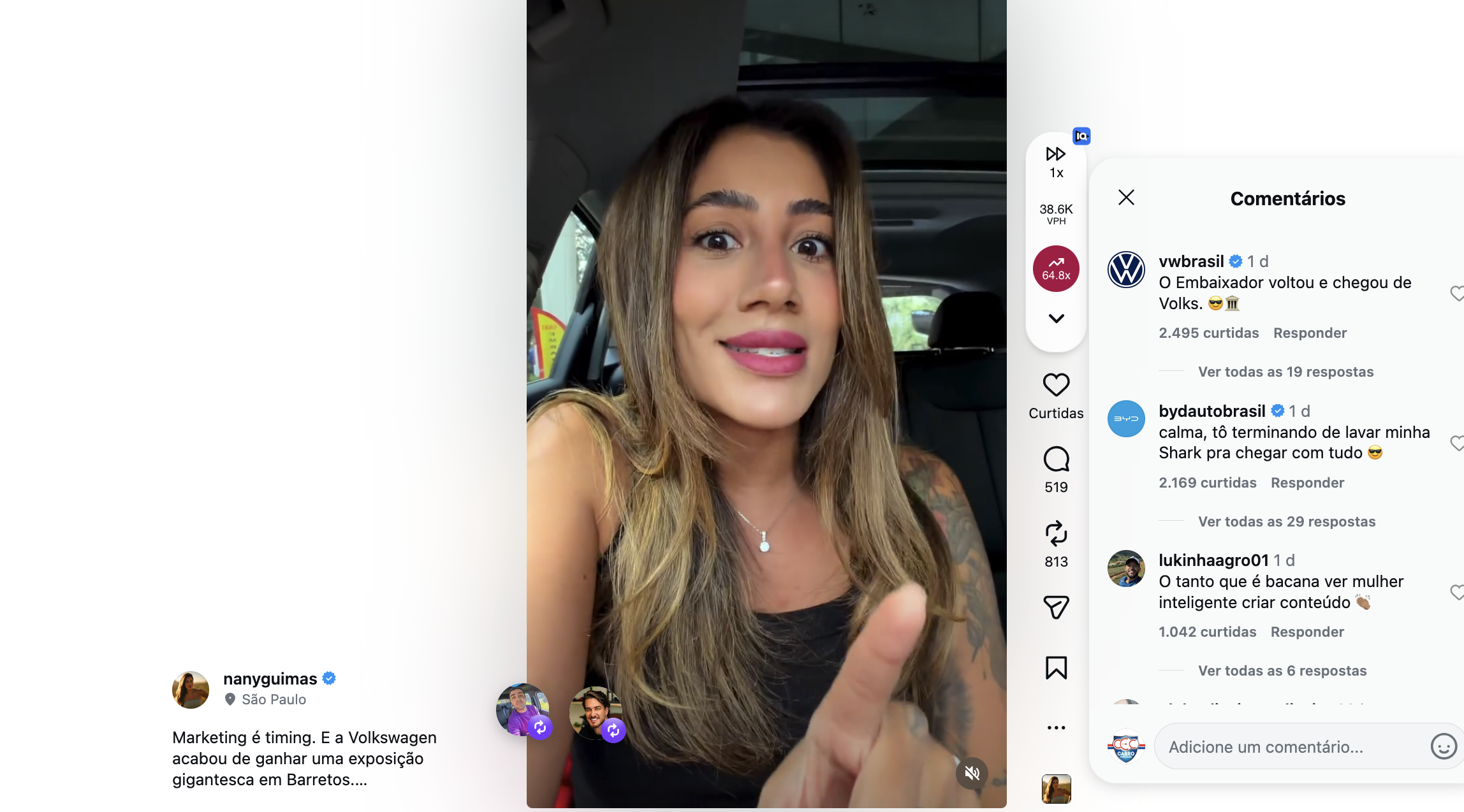 Influenciadora automotiva Nany Guimas comenta guerra entre montadoras com direito à réplica de Volks e BYD • Reprodução