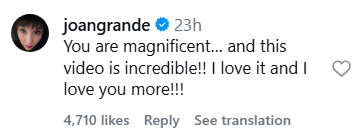 Joan Grande comenta em publicação de filha, Ariana Grande • Instagram/Joan Grande
