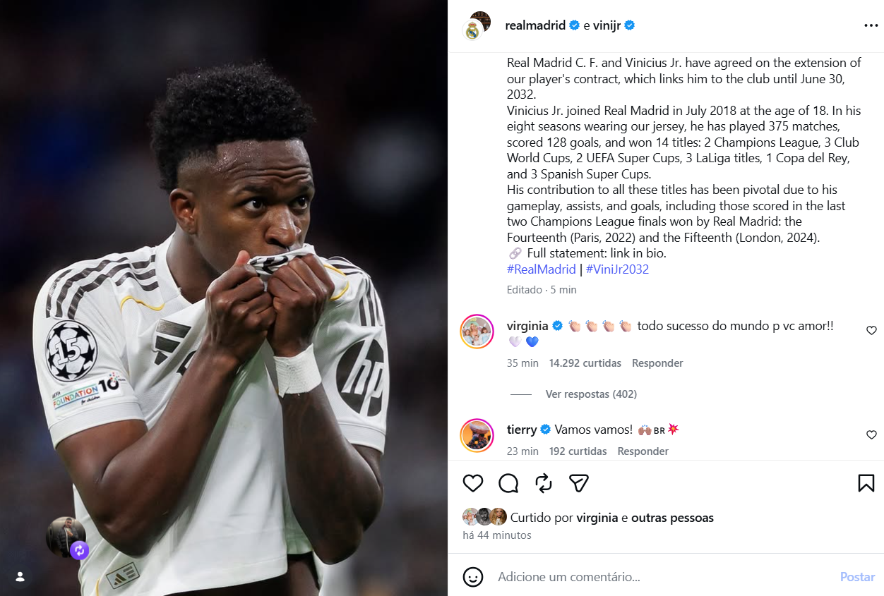 Virginia comemora conquista de Vini Jr. • Reprodução/Instagram