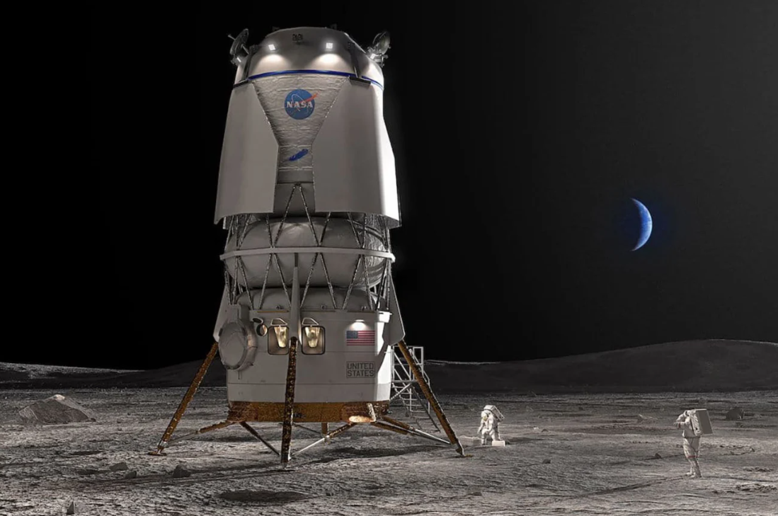 Esta ilustração artística mostra o sistema de pouso Blue Moon da Blue Origin na Lua. • NASA