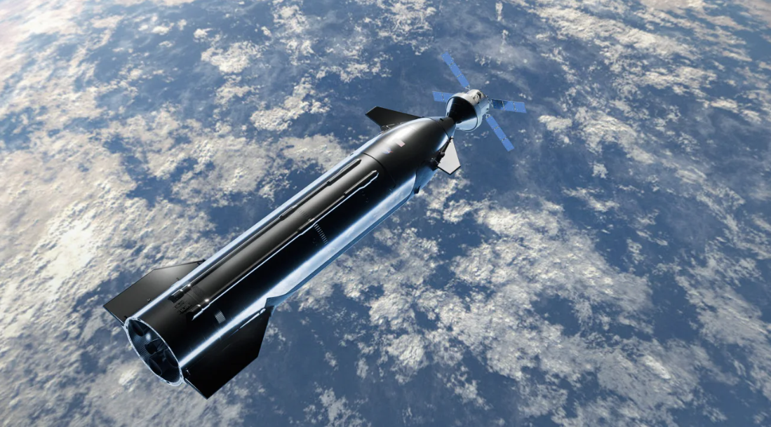 Esta ilustração artística retrata a espaçonave Orion da NASA acoplando-se a uma versão de teste do sistema de pouso humano Starship da SpaceX durante a próxima missão Artemis III em órbita baixa da Terra • SpaceX/NASA
