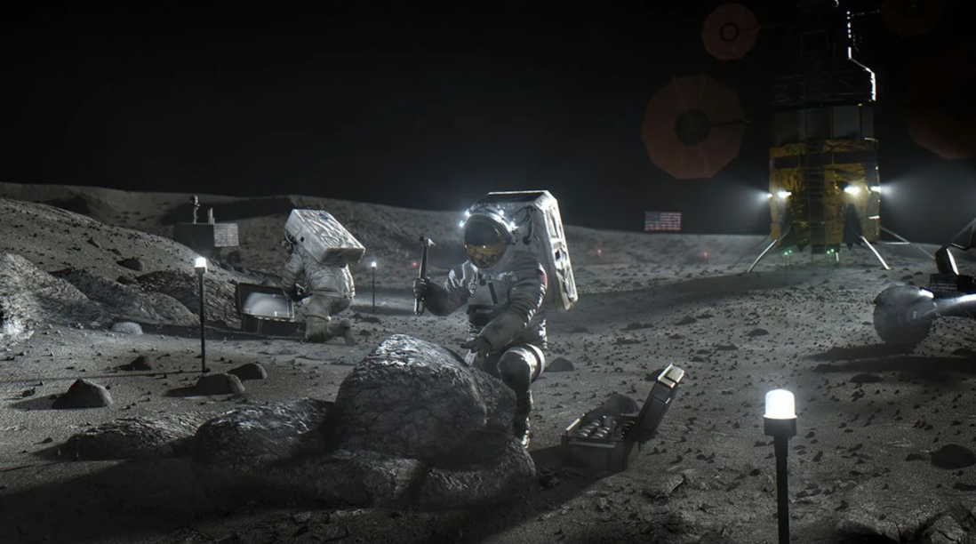 Esta ilustração artística retrata astronautas trabalhando em uma base lunar • NASA