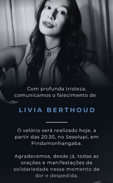 Lívia foi velada nesta segunda-feira (10), em Pindamonhangaba (SP) • Reprodução/Redes sociais