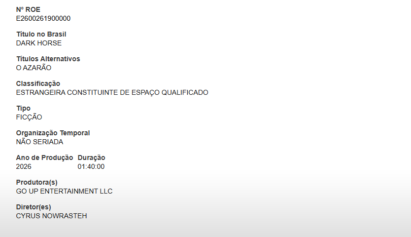 Ancine aceita pedido de registro do filme “Dark Horse” no Brasil