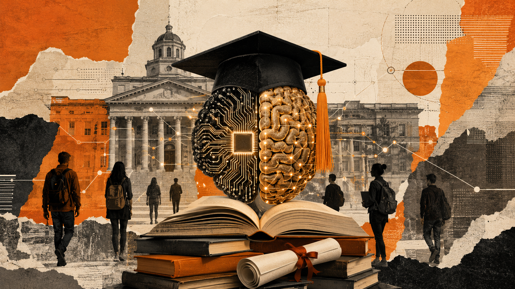 Imagem gerada por IA associando inteligência artificial e educação universitária