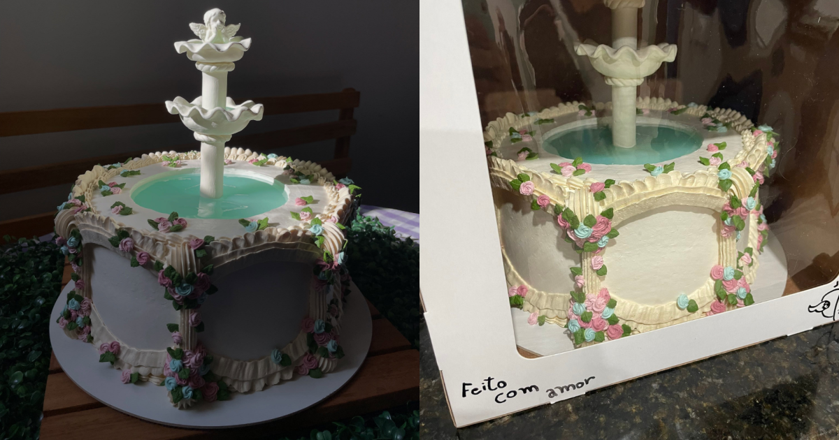 Bolo vintage estilo rococó com flores, água turquesa e anjo no topo