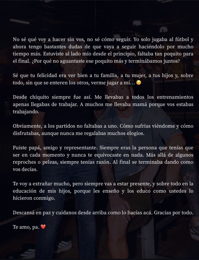 Publicação de Messi se despedindo do pai