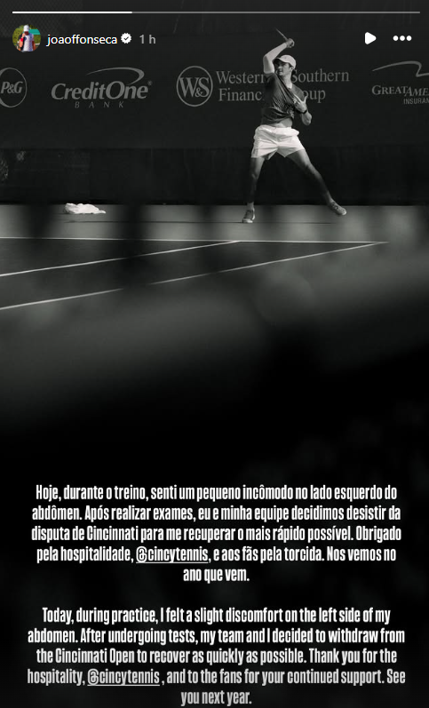 João Fonseca desiste de Cincinnati • @joaoffonseca