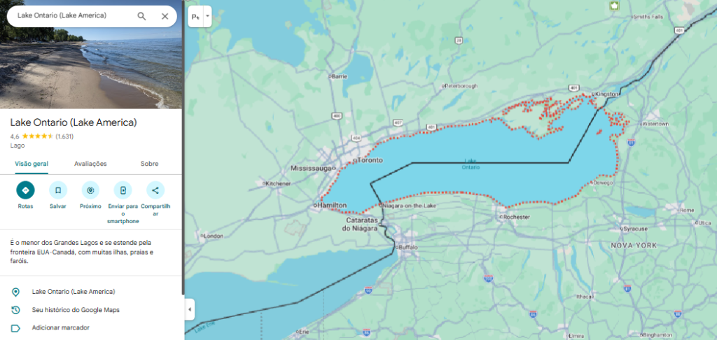 No Brasil, Google Maps mostra o nome do lago de ambas as formas, com "Lake America" entre parênteses após "Lake Ontario".