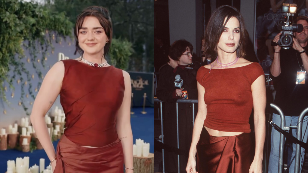 Imagem ilustrativa sobre Maisie Williams revivendo o look icônico de Sandra Bullock de 2006 na estreia de ‘Da Magia à Sedução 2’