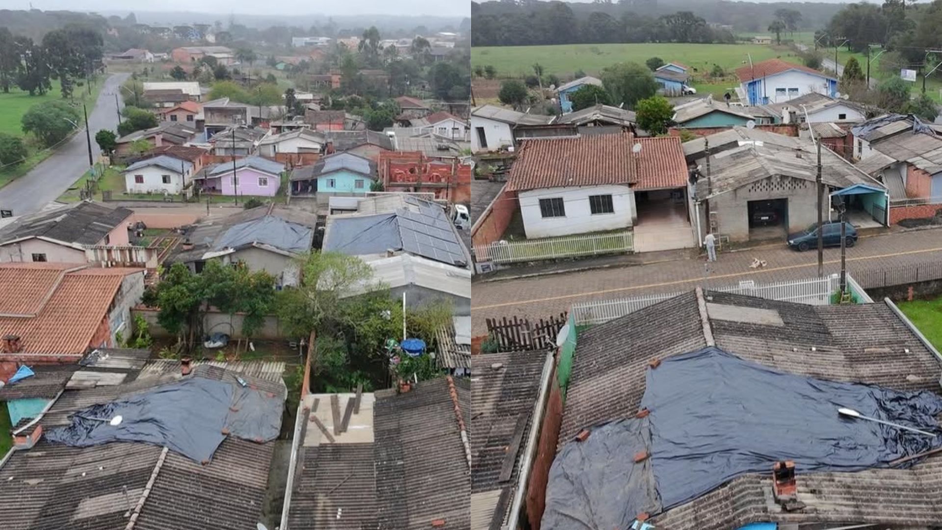 A Prefeitura de Bela Vista do Toldo, em Santa Catarina, teve que enviar telhas para o reparo de casa afetadas pelas chuvas. • Divulgação/Prefeitura de Bela Vista do Toldo