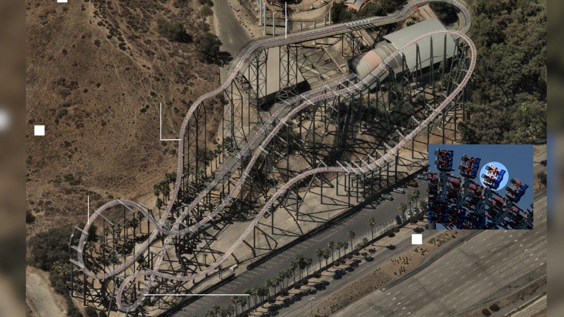 A montanha-russa do parque Six Flags Magic Mountain, no condado de Los Angeles, é anunciada como uma atração para os “aventureiros mais destemidos” • Fontes: NearMap (imagem de base), Six Flags (vídeos e foto dos assentos) e apuração da CNN. Arte: Annette Choi e Thomas Bordeaux, da CNN