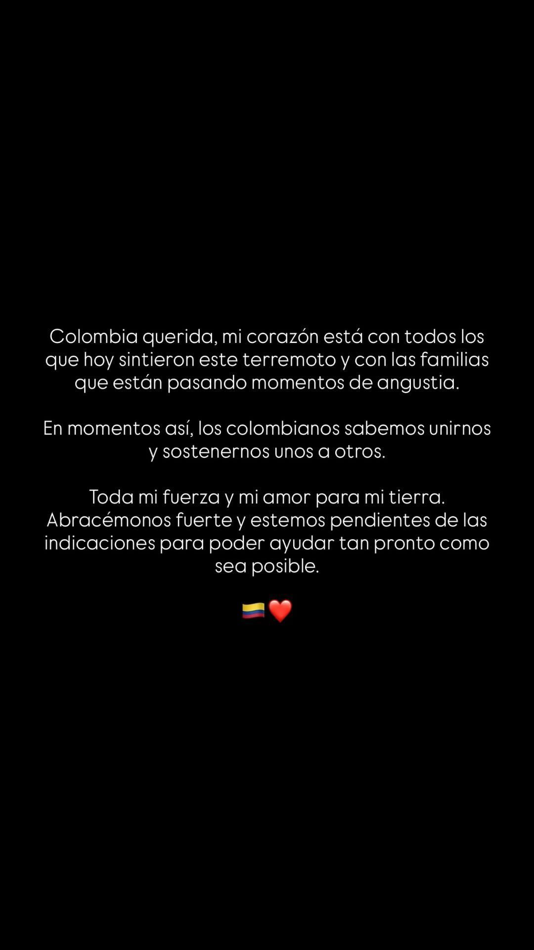 Shakira faz post lamentando terremoto de magnitude 7,4 na Colômbia, seu país natal • Instagram/Shakira
