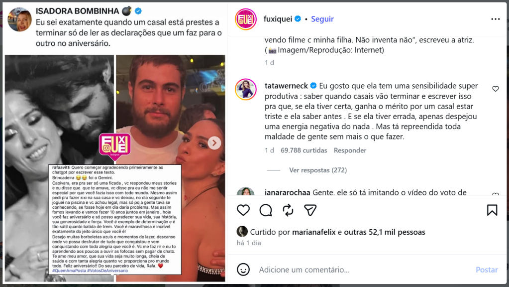 Tata Werneck rebate comentário de seguidora sobre casamento com Rafa Vitti