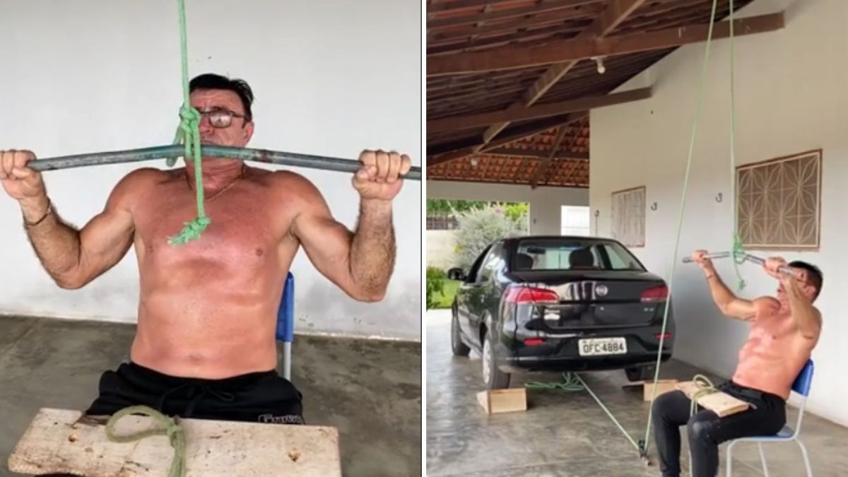 “Vovô maromba” levanta carro em academia improvisada com cadeira de plástico e mostra vantagens de exercícios físicos na ‘melhor idade’