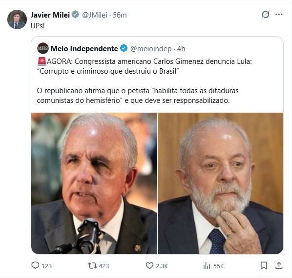 Javier Milei republica postagem com críticas a Lula • Javier Milei via X