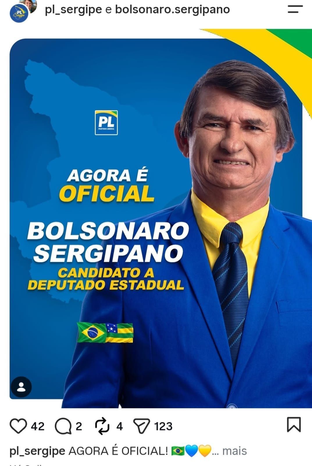 Francisco Olinda de Assis (PL-SE), candidato a deputado estadual, escolheu “Bolsonaro Sergipano” • Reprodução/Redes sociais