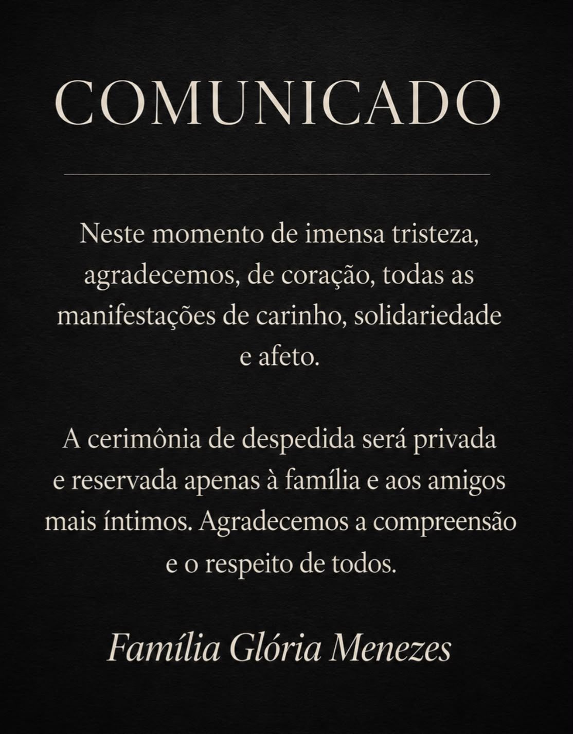Comunicado da família de Glória Menezes • Reprodução/Família de Glória Menezes