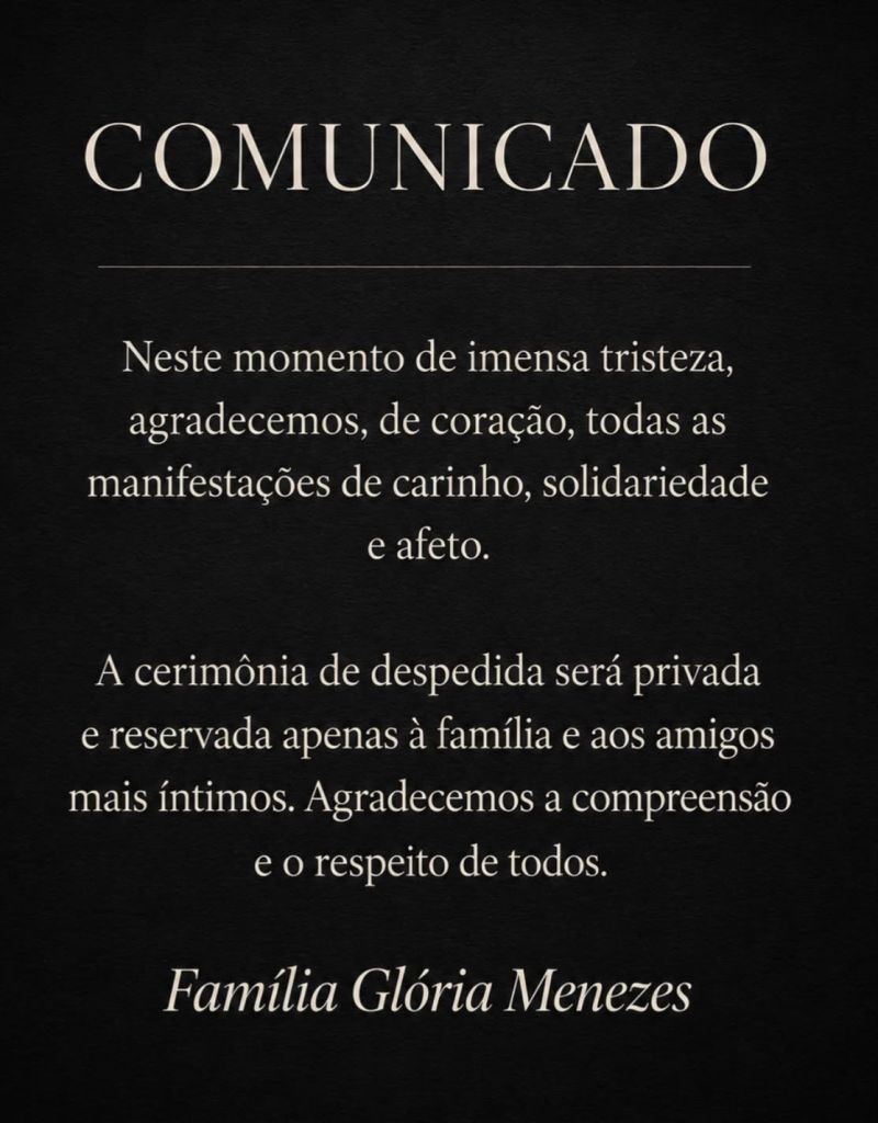Comunicado da família de Glória Menezes • Reprodução/Família de Glória Menezes